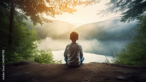 boy sitting on nature for contemplation photo