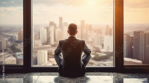 Business man sitting on office window Overlooking Cityscape and thinking photo