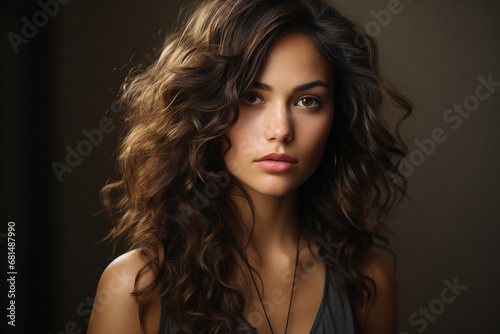 Portrait of beautiful young woman with long curly hair on dark background.
