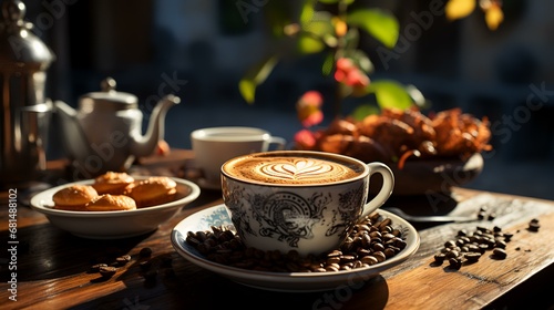 Coffee cup and coffee beans on wooden table in the morning