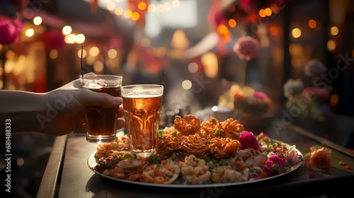 Women's hand holding a glass of beer and a plate of shrimps