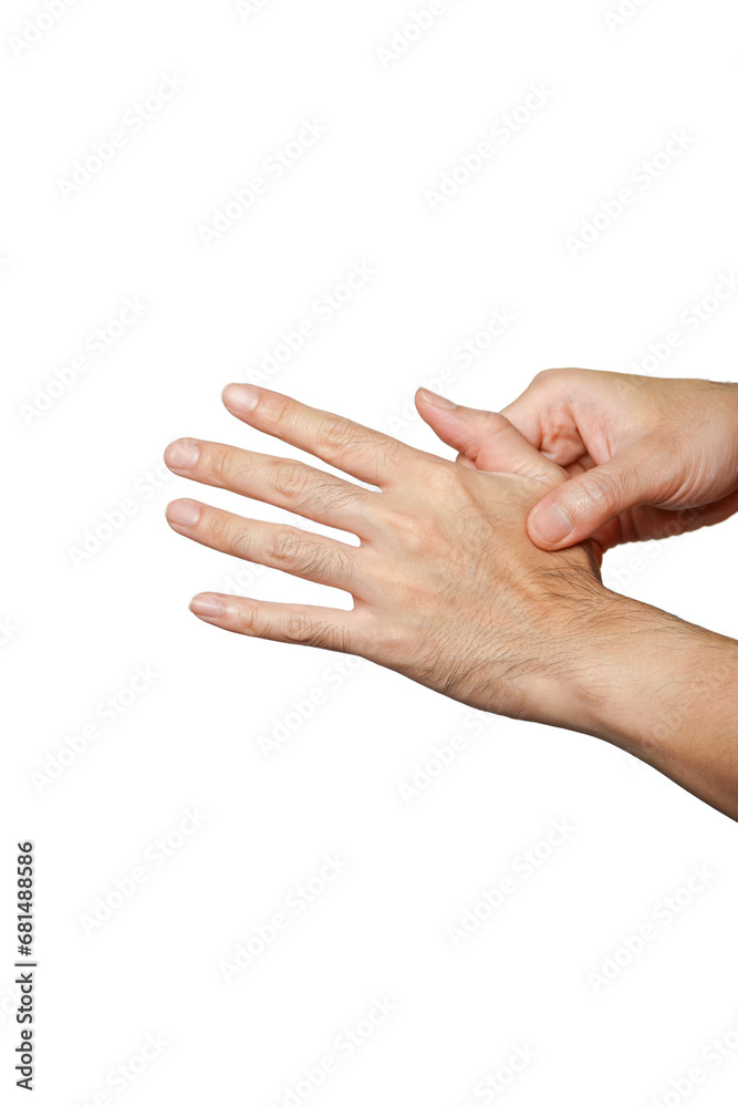 Human hand with joint pain isolated on white background.hand doing acupressure on arm