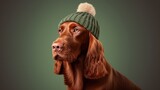 portrait of Irish setter dog in warm hat isolated on clean background