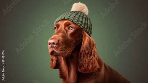 portrait of Irish setter dog in warm hat isolated on clean background photo