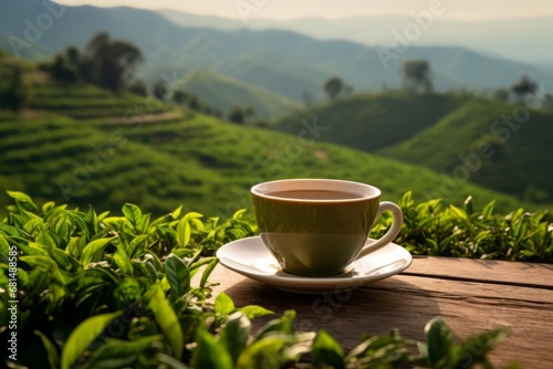 Tea cup standing on the table with the tea plantation on the background