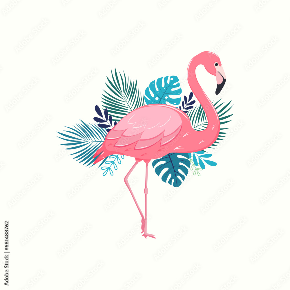 Obraz premium Pink flamingo with palm leaves on a white background.Vector illustration