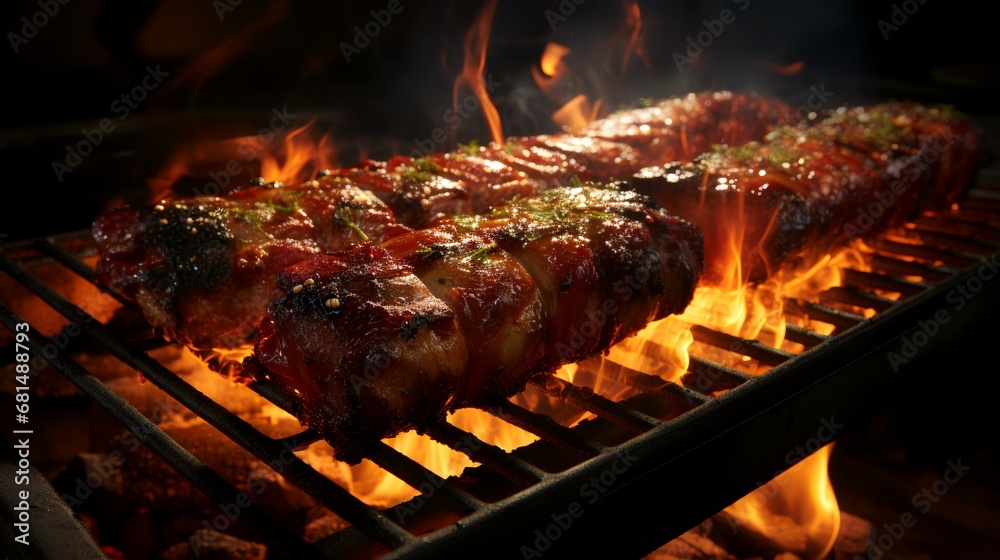 Barbecued pork ribs on the grill with flames in the background