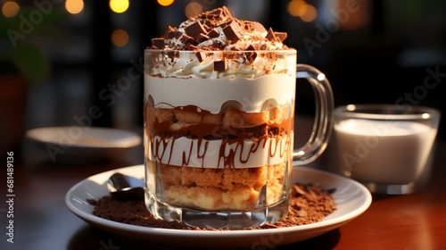 Classic tiramisu dessert in a glass cup on wooden table in cafe