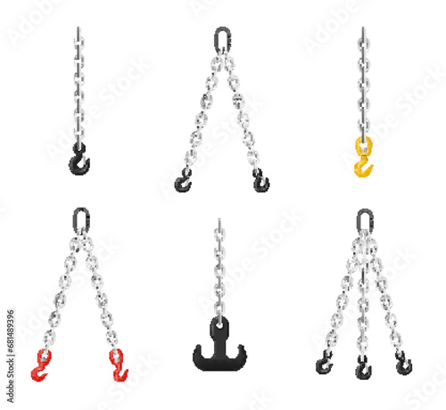 Chain slings heavy lifting engineering equipment with hook and carabiner set realistic vector