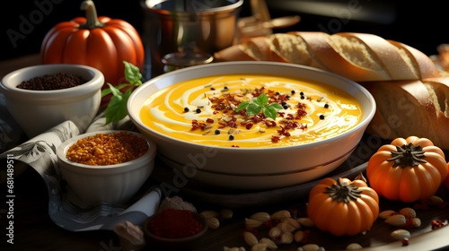 Pumpkin soup with cream, seeds and parsley on wooden background