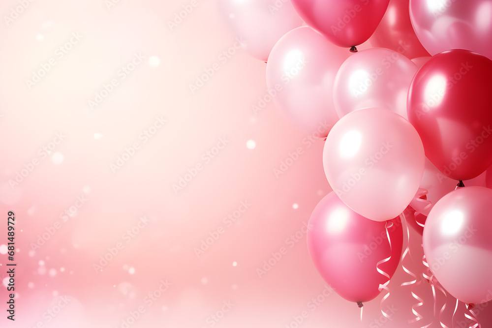 vibrant color balloons background,ribbon flakes,space for text,medium shot,vibrant color,pink background.