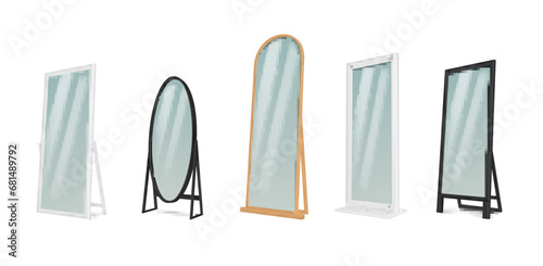 Floor mirror different shape stylish interior element wooden and metallic frame set realistic vector