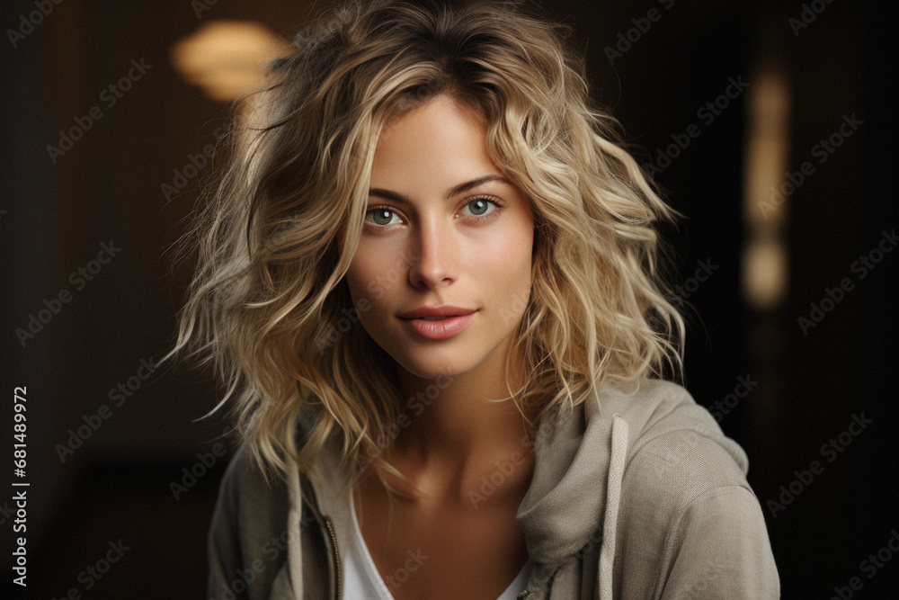 Portrait of a beautiful young woman with long blond curly hair.