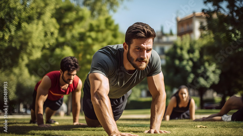 Close up group of fitness sportsmen doing exercises and push ups together open air in a green park during a sunny day