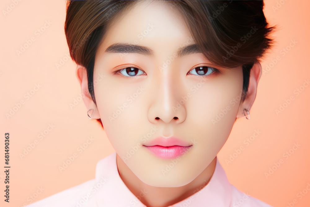 Naklejka premium Handsome Asian Man On Light Peach Color Background