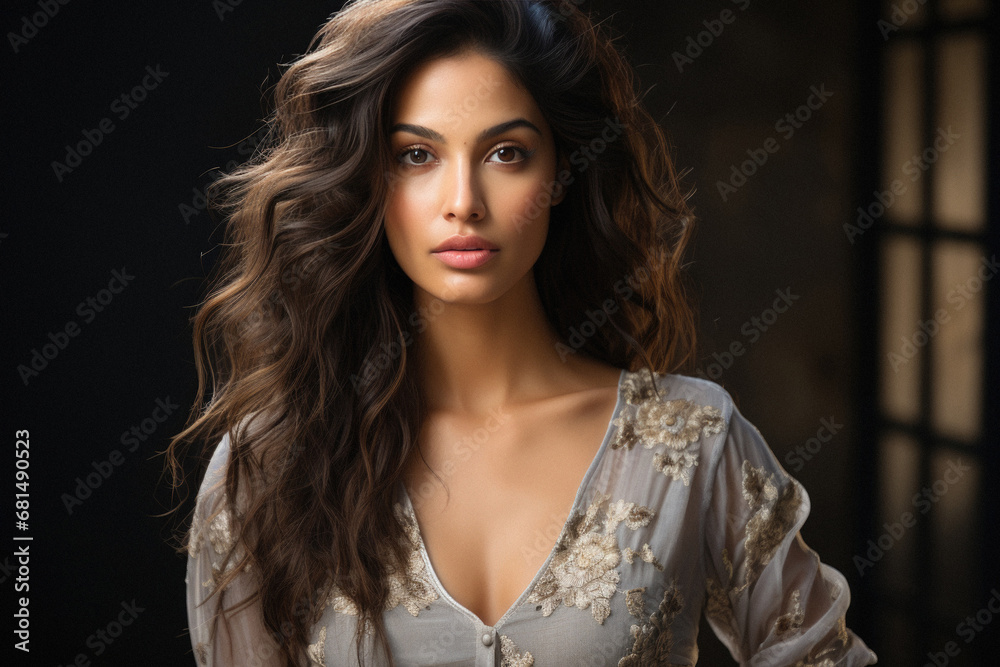 Portrait of beautiful young woman with makeup and long curly hair. Portrait of beautiful young woman with makeup and long curly hair.