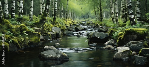 Tranquil Forest Scene with Clear Stream and Moss-Covered Rocks
