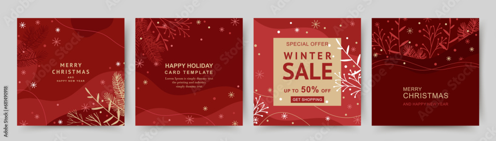 Winter holidays square template. Minimal backgrounds with Christmas tree branches and snowflakes. Winter sale. Vector illustration for greeting card, mobile app, social media post, poster, flyer - obrazy, fototapety, plakaty 