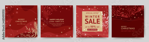 Winter holidays square template. Minimal backgrounds with Christmas tree branches and snowflakes. Winter sale. Vector illustration for greeting card, mobile app, social media post, poster, flyer