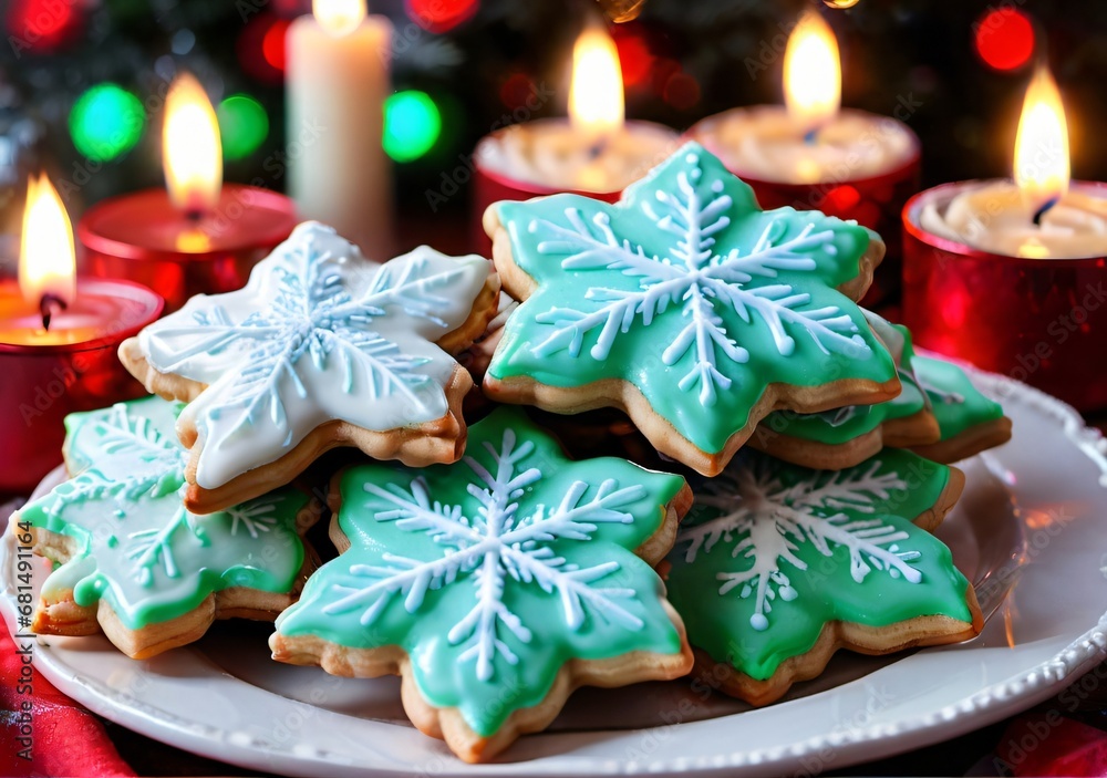 Frosted Christmas Cookies On A Plate, With A Candlelit Background. Frosted Christmas Cookies On A Plate, With A Candlelit Background.
