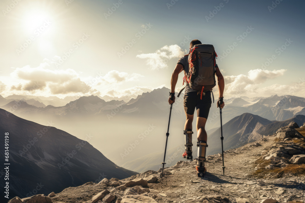 Adventurer With An Artificial Leg Trekking Through Mountains