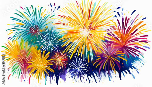 Fireworks display in gouache with white background
