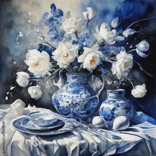 watercolor of still life with flowers, blue and white contemporary art, detailed, high resolution © khaladok