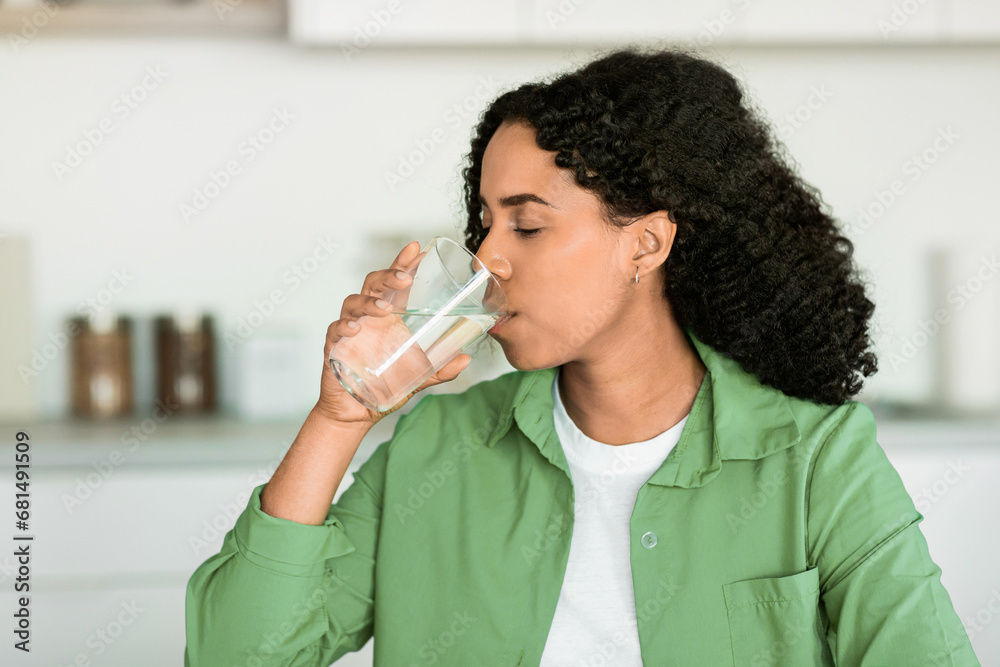 Black woman enjoys refreshing glass of water in kitchen indoors Black woman enjoys refreshing glass of water in kitchen indoors