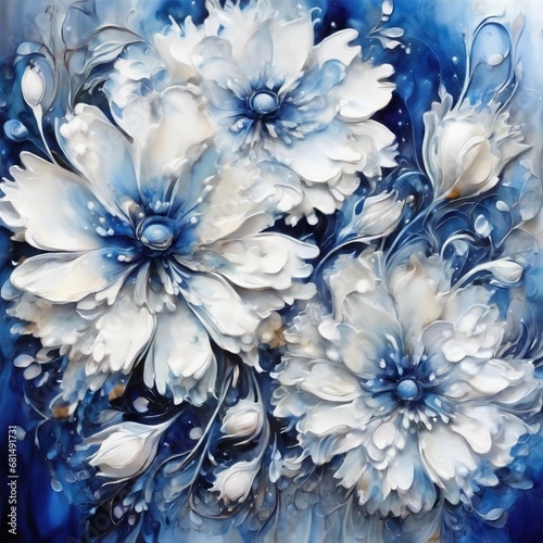 watercolor of flowers, blue and white contemporary art, detailed, high resolution
