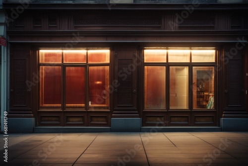 An empty shop window. There are also neon lights. An abandoned store.