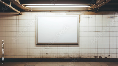 White picture frame hanging on the wall of an old subway station, canvas for advertising