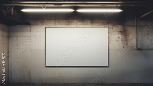 White picture frame hanging on the wall of an old subway station, canvas for advertising