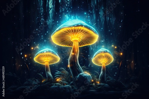 Psilocybin mushrooms glowing in the dark. Group of fungi magic mushrooms on dark background. Trippy Psychedelic hallucination. 