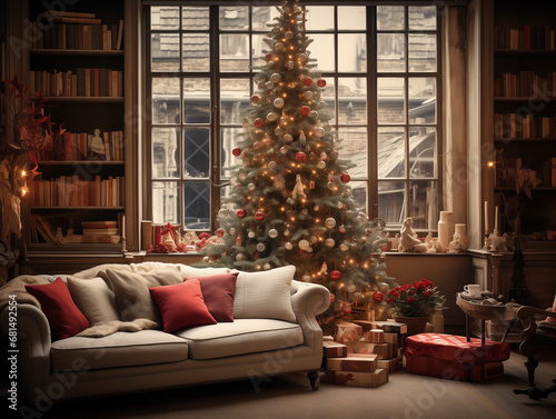 weihnachten, baum, kamin, raum, zuhause, christbaum, urlaub, dekoration, weihnachten, innenausstattung, licht, winter, feier, präsent, dekoration, nacht, weihnachtsmann, fenster, haus, licht, ornament