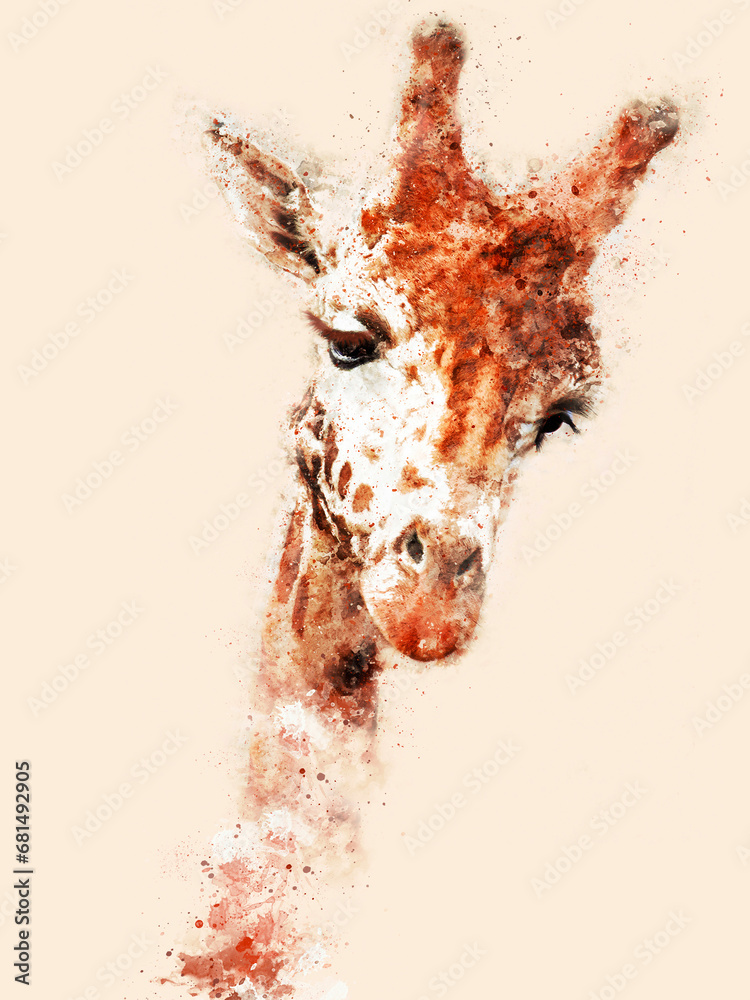 Colorful giraffe illustration, head and neck in multi color, isolated against a light background.