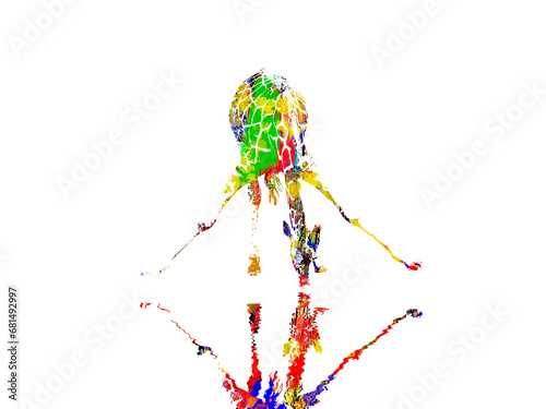 Colorful giraffe illustration bending over to drink, with reflection, isolated against a white background