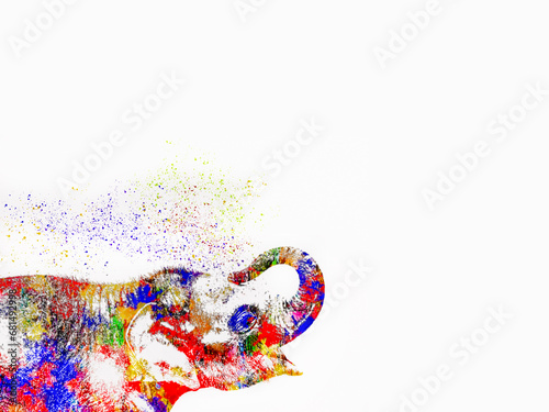 Colorful elephant illustration, head and trunk spraying  multi color splashes, isolated against a light background.