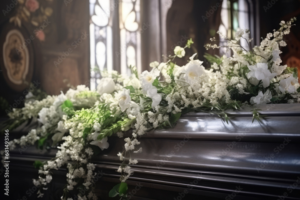 Coffin decorated with many flowers in the church. Funeral ceremony. Generative AI