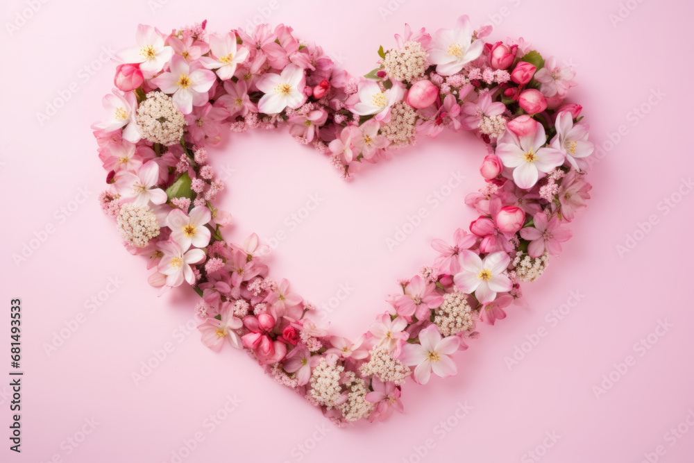 Pastel pink romantic background. Spring flowers creating heart shaped frame. Generative AI