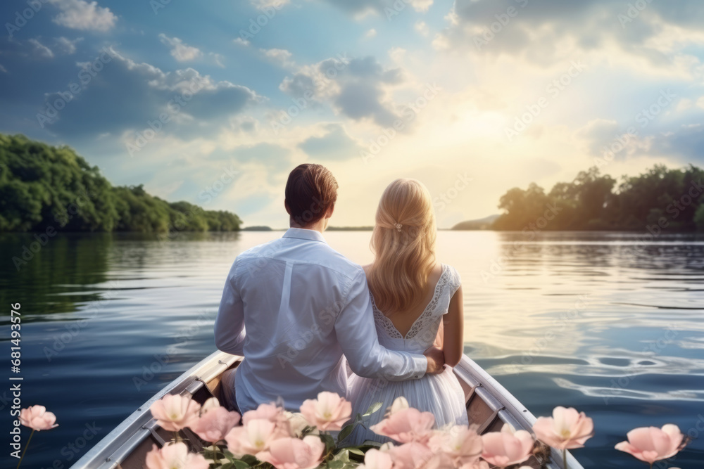 Fototapeta premium Woman and man together relaxing on the water. Couple rides in a boat on a lake. Generative AI