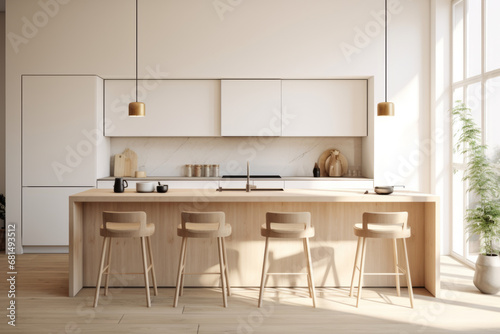 Modern scandinavian minimalist interior design of kitchen with island. Generative AI