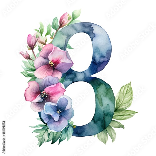 March 8 watercolor greeting card. International Women's Day. Giant number 8 with spring flowers isolated on white background. Element for design, banner, print photo