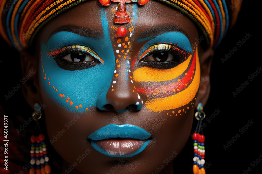 Generative AI illustration portrait of crop young black female model in traditional African head wrap and with multicolored makeup on face looking at camera against black background
