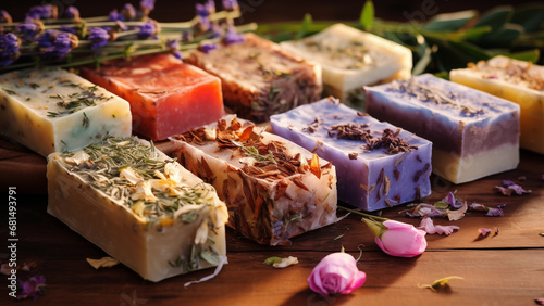Display of scented handmade soaps in various colors listed for sale photo