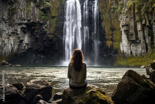 Woman is sitting in front of the waterfall. Beautiful wildlife.
