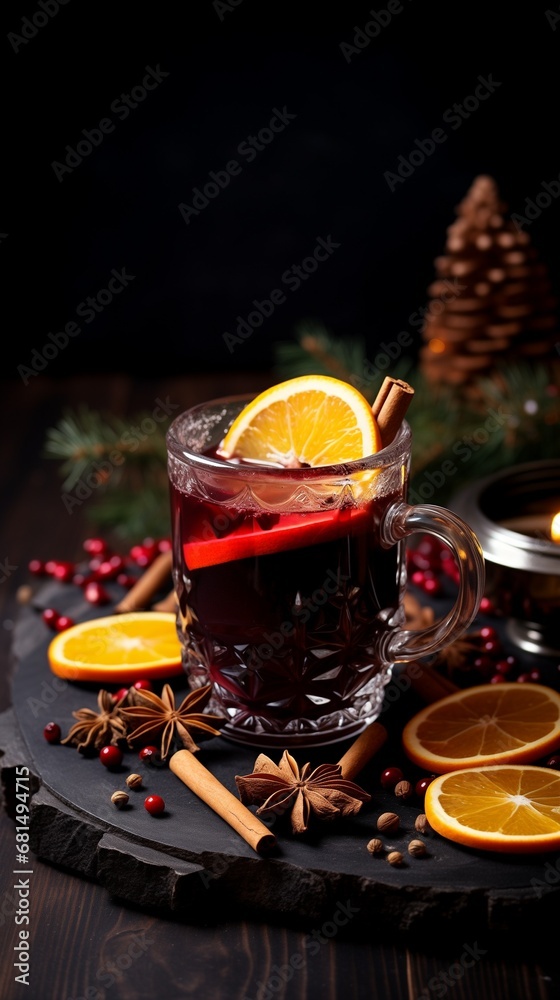 Mulled wine decorated with orange and cinnamon