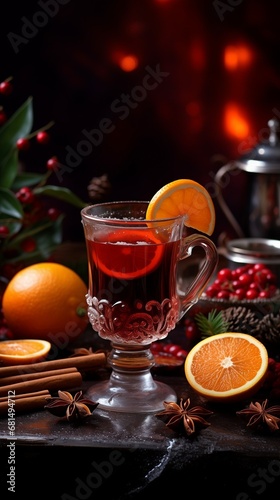 Mulled wine and spices on black table with winter decoration