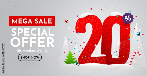 20 percent Off. Discount creative composition. Merry Christmas and Happy New Year. Sale banner and poster.