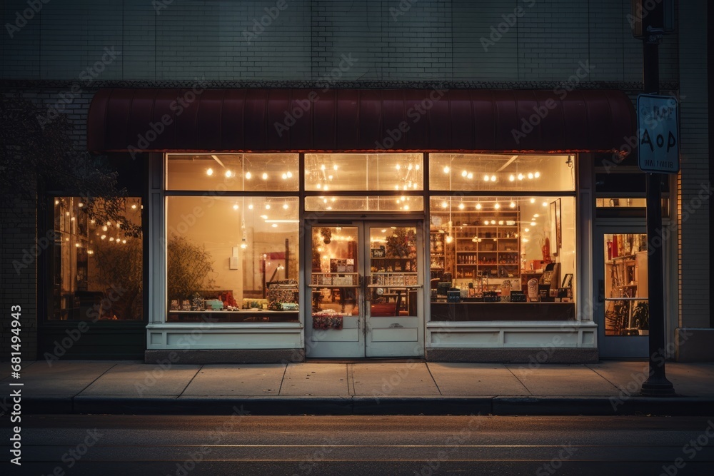 An empty shop window. There are also neon lights. An abandoned store.