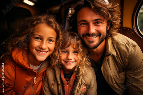 single father with two daughters smiling on vacation